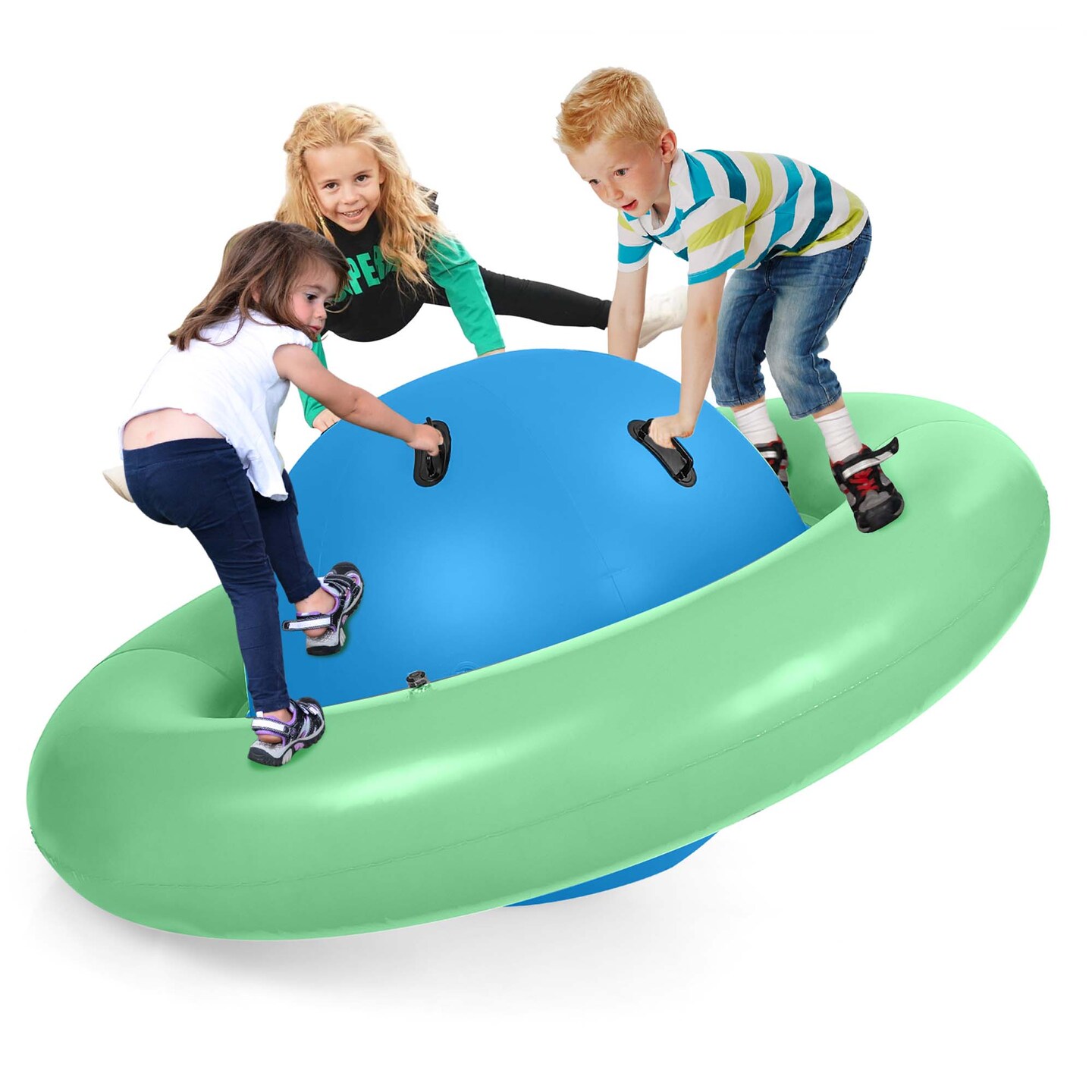 Costway 7.5 FT Inflatable Dome Rocker Bouncer with 6 Handles Fun Outdoor Game for Kids Green/Pink