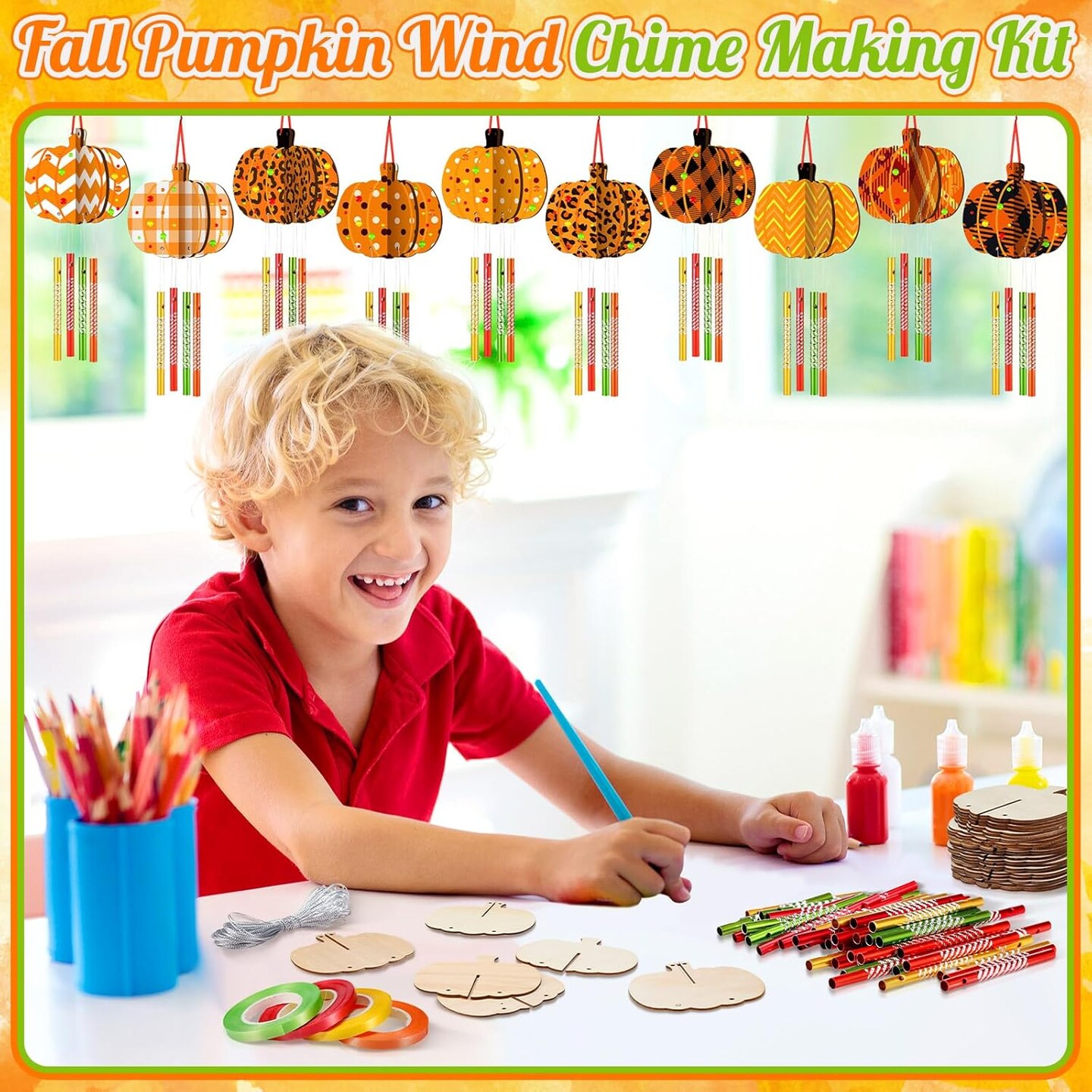 128 Pcs Fall Crafts Pumpkin Wind Chime Making Kit Make Your Own Pumpkin