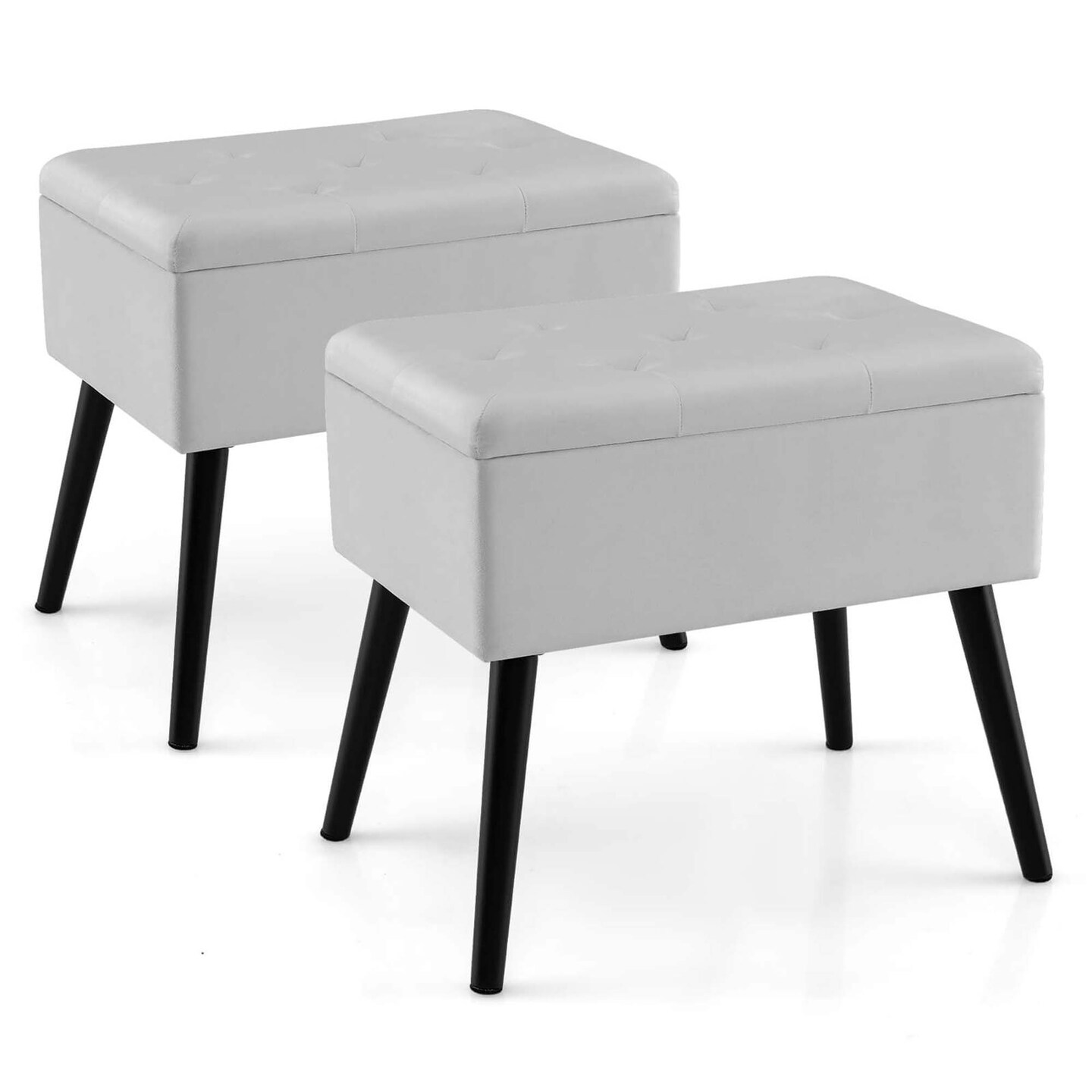 Costway 2 PCS Velvet Vanity Stools with Storage Solid Wood Legs Flip-Up Top for Entryway Black/Beige/Gray