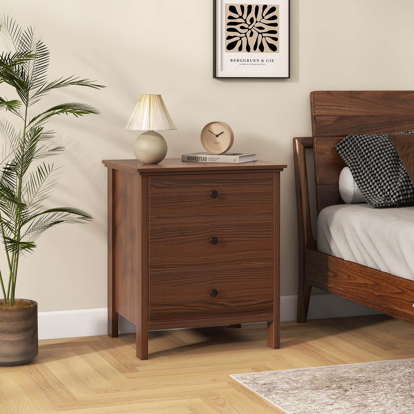 Costway Nightstand with 3 Drawer for Bedroom Compact Storage Chest Modern Sofa Side