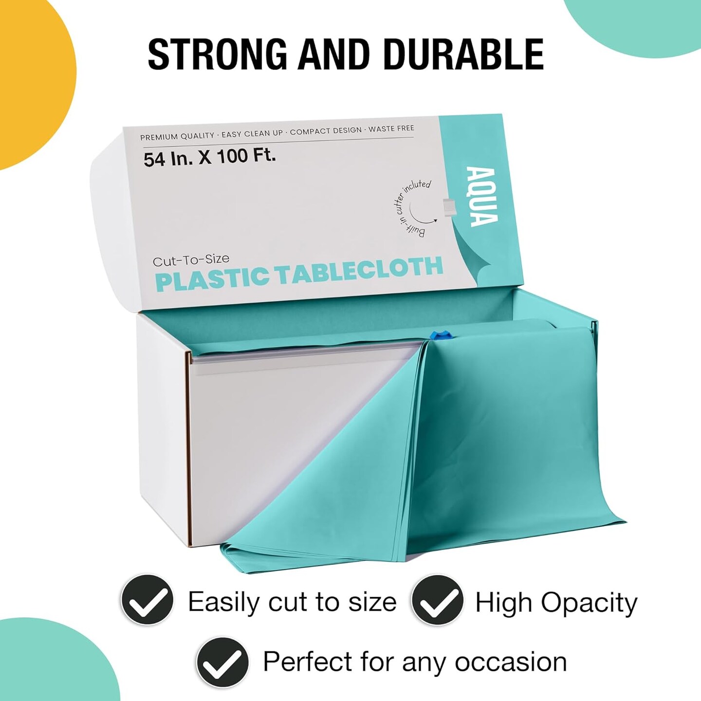 Exquisite Party Solids 54" x 100' Plastic Table Cover Roll with Slide Cutter – Cut-to-Size Dispenser Box – Makes Up to 12 Disposable 8' Rectangle Tablecloths