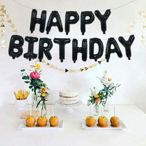 Black "Happy Birthday" Foil Letter Balloon Banner – 16 Inch Mylar Reusable Birthday Sign Bunting, Perfect for 30th, 40th, 50th, 60th Adults and Halloween Parties (Black)