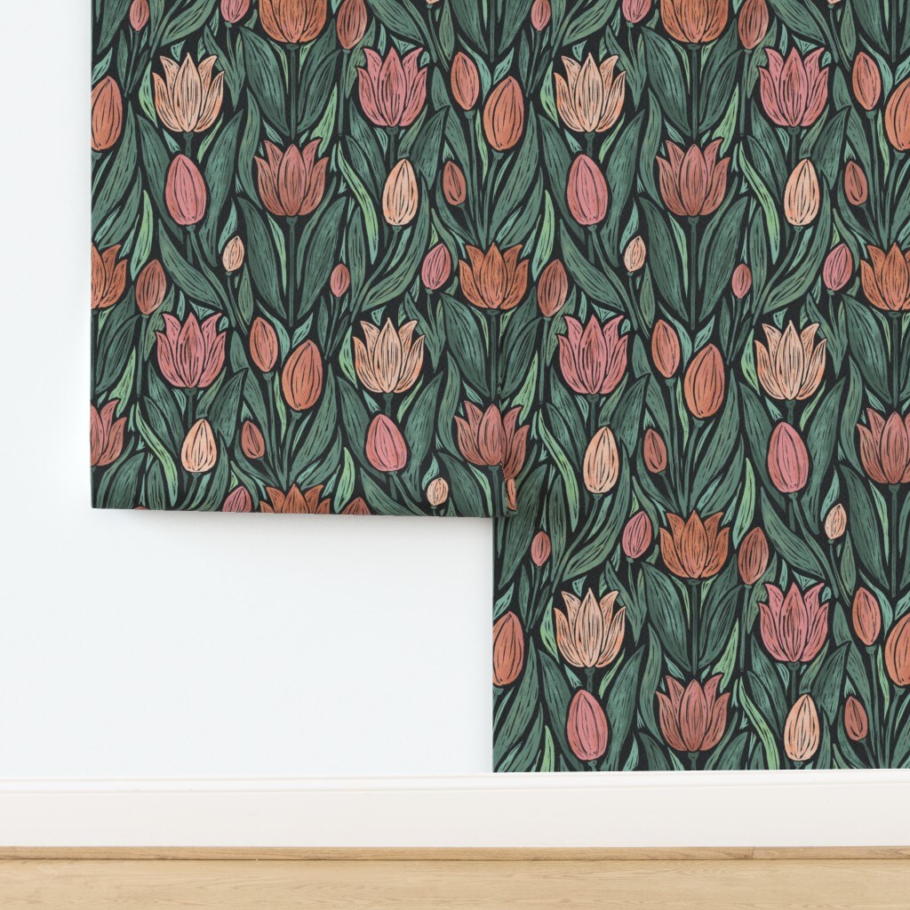 Block Print Tulips Moody Botanical Farmhouse Flowers Cottagecore Floral Black Green Pink Custom Removable Wallpaper by Spoonflower Peel & Stick Wallpaper 2FT Wide
