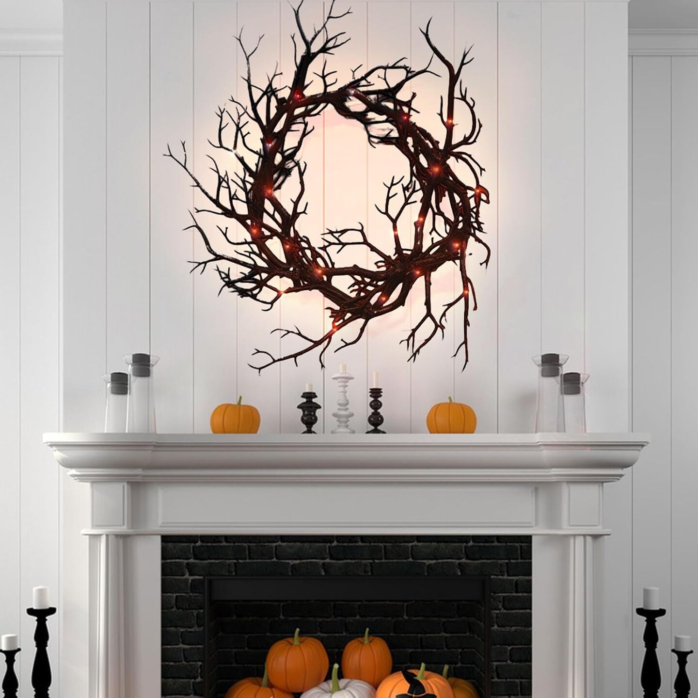 Halloween Black Branch Wreath Signs with Red Light