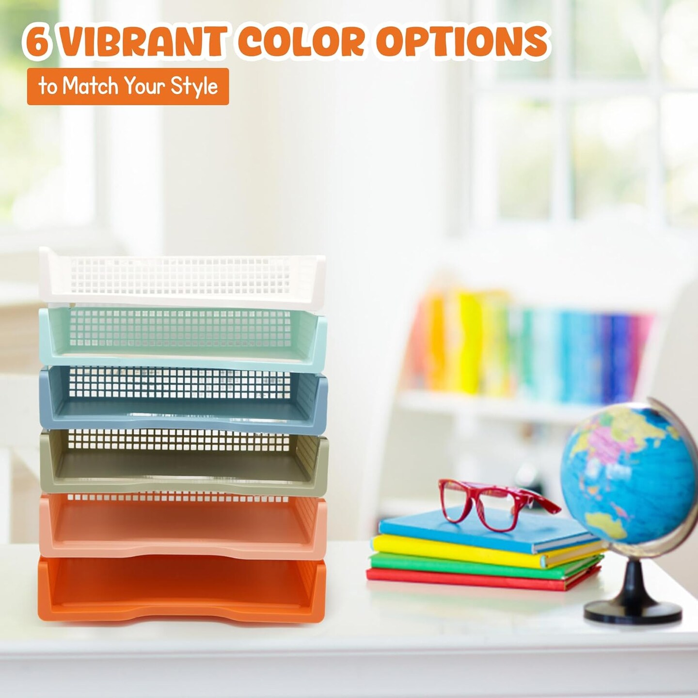 4E&#x27;s Novelty 6 Pack Stackable Trays for Classroom, Durable Organizer With Classy Colors, Boho Paper Tray for Classroom, Durable Classrooms Paper Trays for Teachers, Teacher Turn In Tray Storage