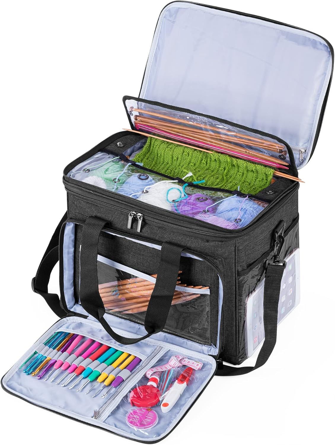 Knitting Bag Yarn Organizer with Cover & Divider – Black Tote for Crochet Hooks, Needles & Projects