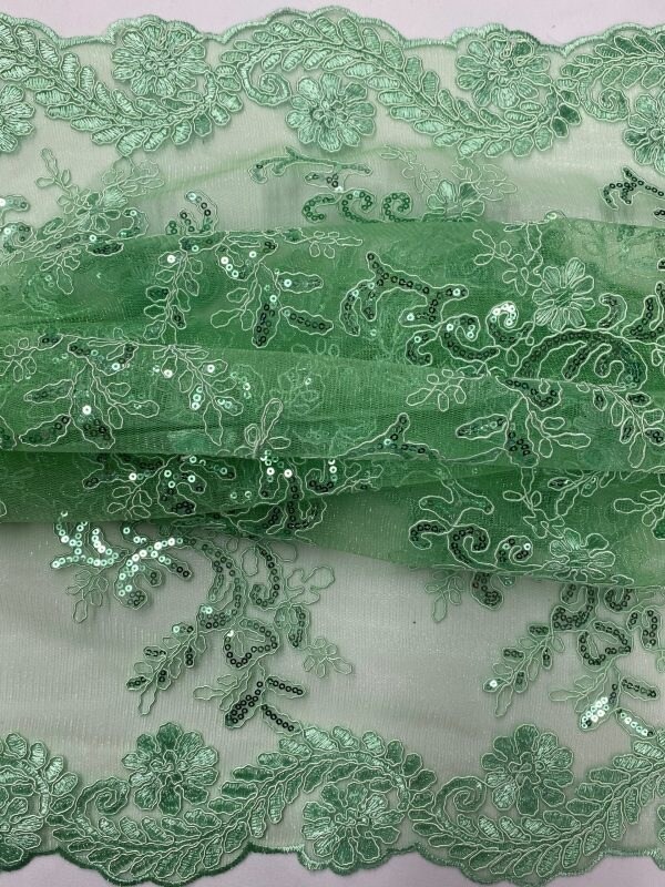 1 Yard Mint Green Corded Sequin Lace Mesh Fabric with Double Scalloped Edge 54” Wide