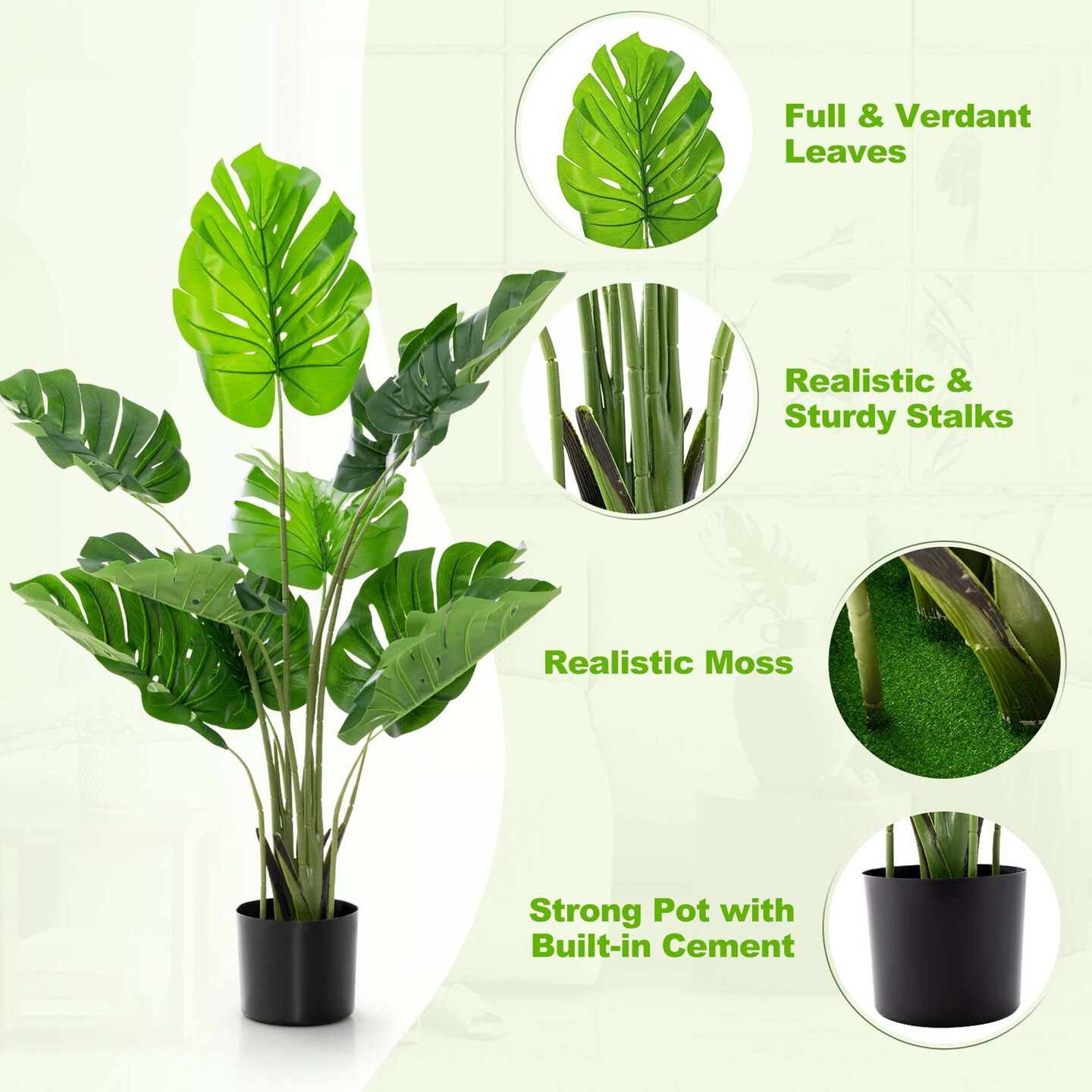 Costway 4FT Artificial Monstera Deliciosa Plant Palm Tree w/ Cement-Filled Pot Indoor Outdoor