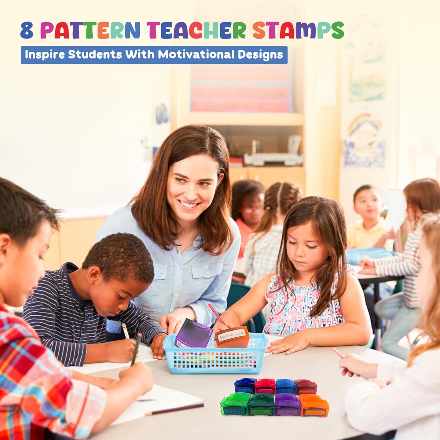 4E's Novelty 8 Pcs Teacher Stamps for Classroom Grading, Self Inking Teacher Stamp with Signs, Multicolor Grading Stamps for Teachers Elementary, School Stamps for Kids 3+, Homework Stamp Set