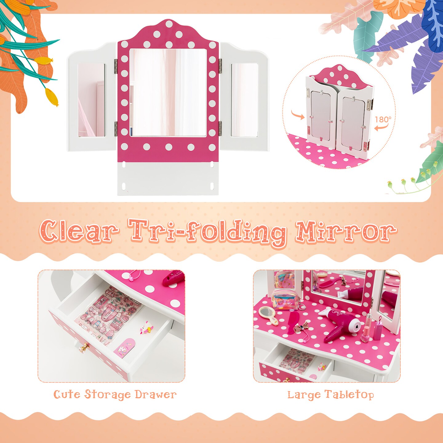 Costway Kid Vanity Set Wooden Makeup Table Stool Tri-Folding Mirror Leopard Print