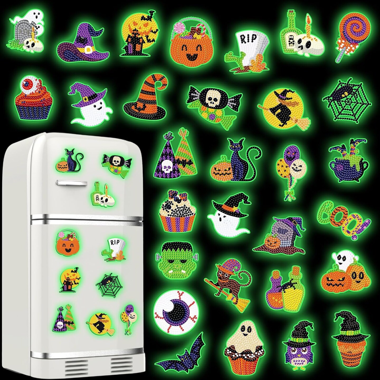 30PCS Glow in The Dark Halloween Diamond Painting Magnets Kit