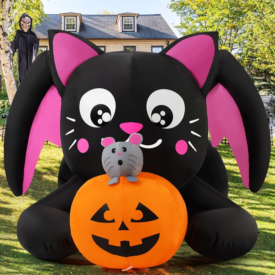 GOOSH 5 FT Halloween Inflatables Cat Blow Up Yard Pumpkin with Built-in LEDs