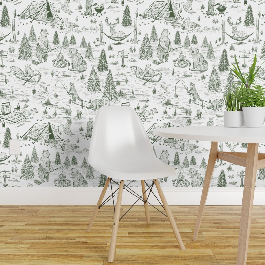 Peel &#x26; Stick Wallpaper 2FT Wide Toile Woodland Animals Forest Camping Campfire Kids Fishing Lake Nursery De Jouy Custom Removable Wallpaper by Spoonflower