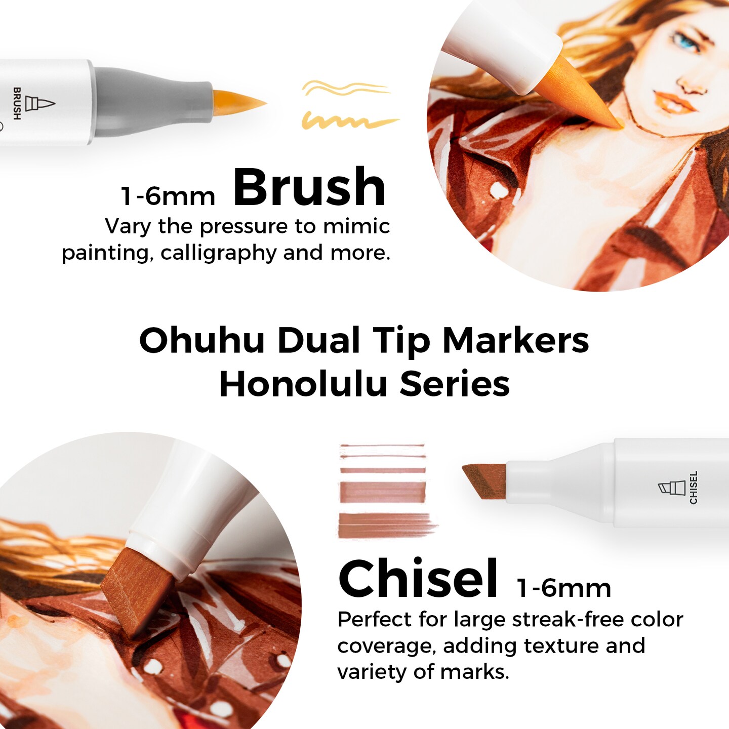 Ohuhu Skin Tone Alcohol Markers Brush Tip - 24 Portrait Color Markers for Artist Adults Coloring Illustration - Brush &#x26; Chisel/ Brush &#x26; Fine - Honolulu/ Honolulu B - Refillable