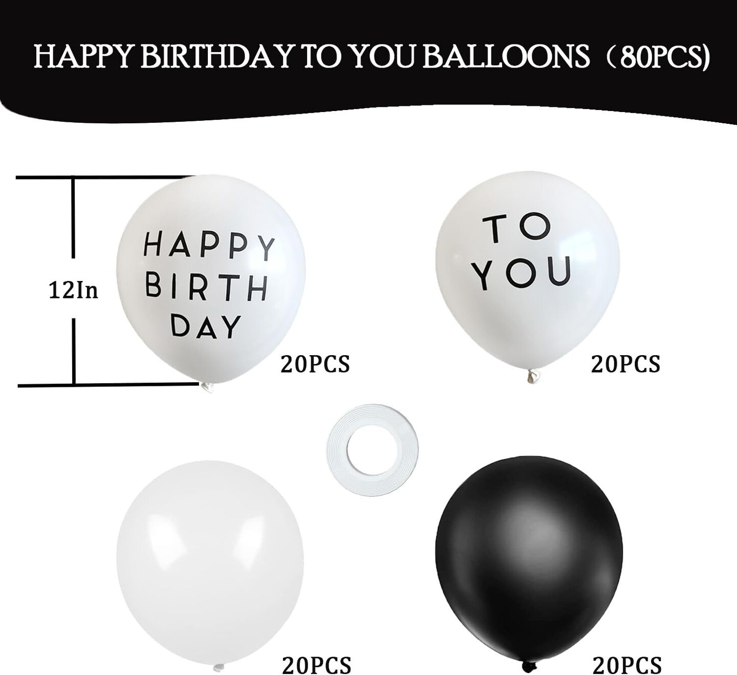 80PCS HAPPY BIRTHDAY TO YOU Balloons Black White