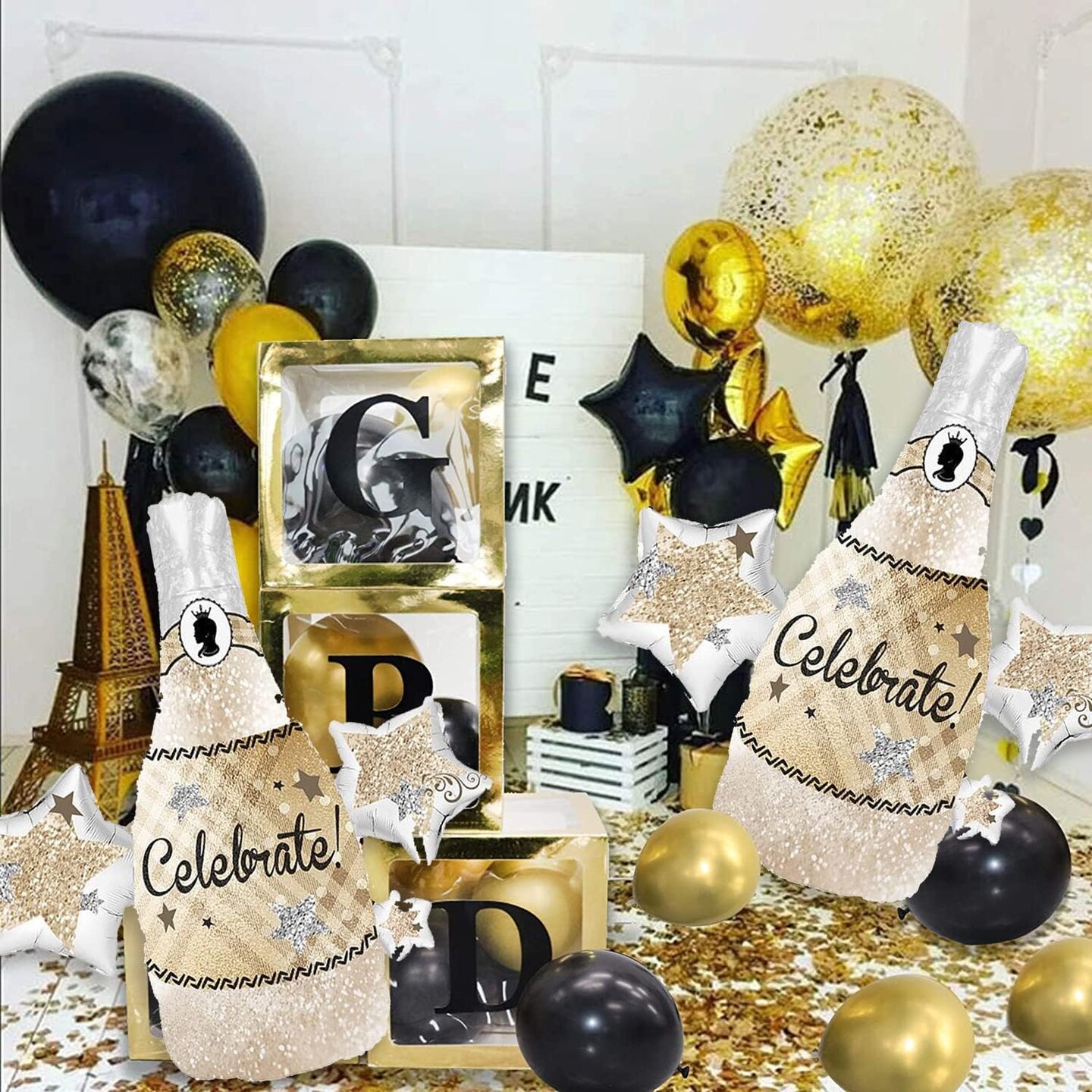 2Pcs Celebrate Champagne Balloons, Big Size Champagne Stars Glitter Aluminum Foil Balloons for Birthday Bachelor Wedding Graduation Party, 83x94 CM