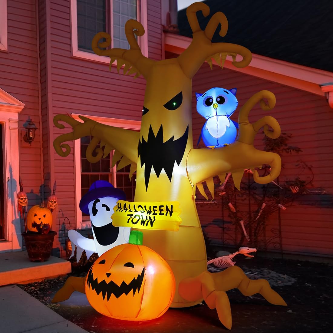 GOOSH 8 FT Halloween Inflatables Dead Tree with Owl Ghosts and Pumpkins with Built-in LED Lights