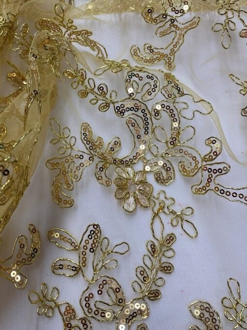 1 Yard Gold Corded Sequin Lace Mesh Fabric with Scalloped Edge 54&#x201D; Wide