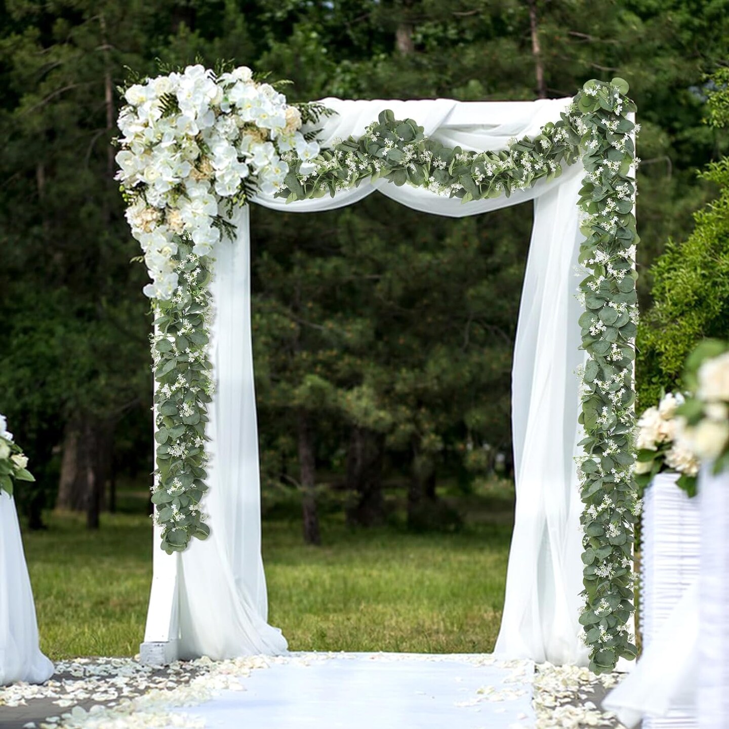 Eucalyptus Garland with White Flowers, 2 Packs 5.9Ft (Green and White)