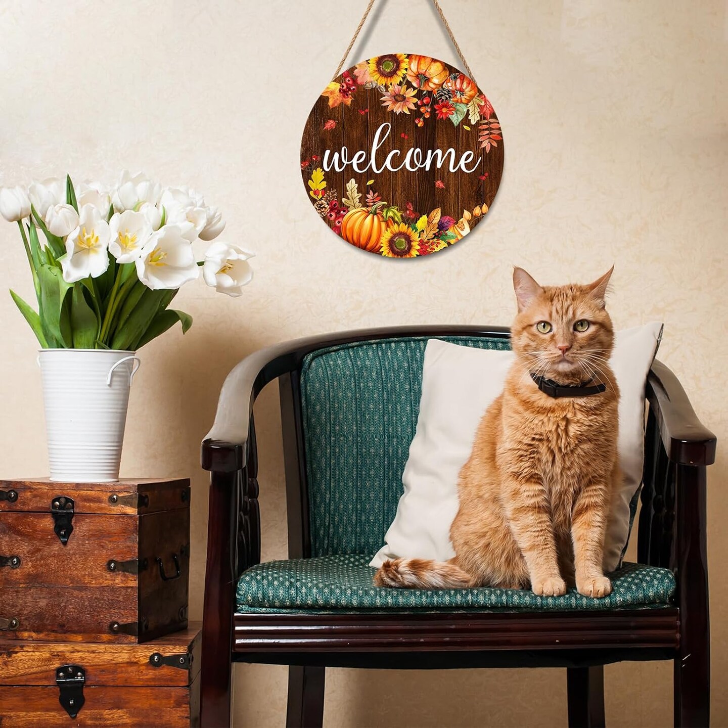 Fall Pumpkin Sunflower Front Door Welcome Hanger – 12"x12" Rustic Autumn Thanksgiving Farmhouse Decoration, Round Wooden Hanging Plaque for Home, Porch, Wall (Welcome Fall Pumpkin Sunflower)