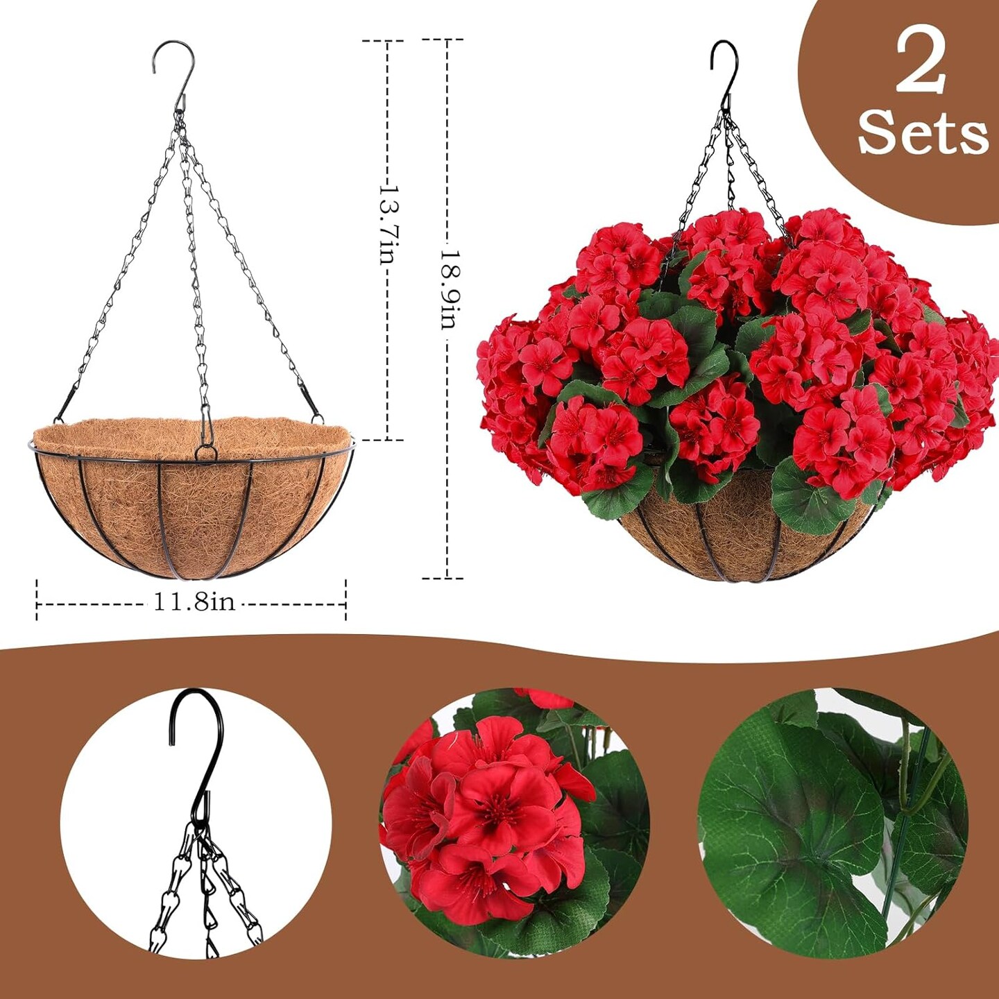 2 Set Artificial Flowers with Hanging Basket (Red) 14"D x 3"W x 4"H