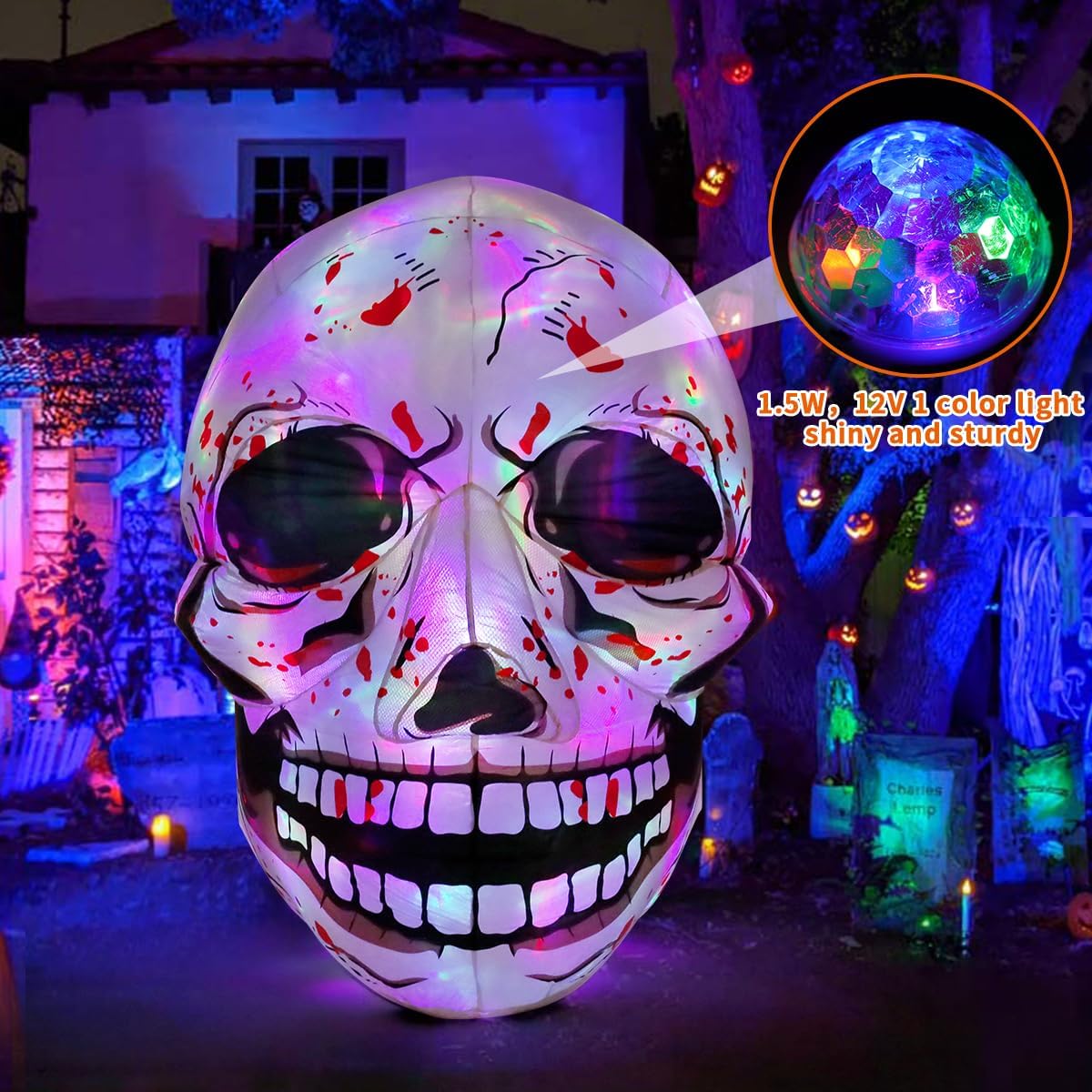 GOOSH 3.6 FT Halloween Inflatables Skull Blow Up Yard Scary Colorful Skeleton Skull with Built-in Changeable LEDs