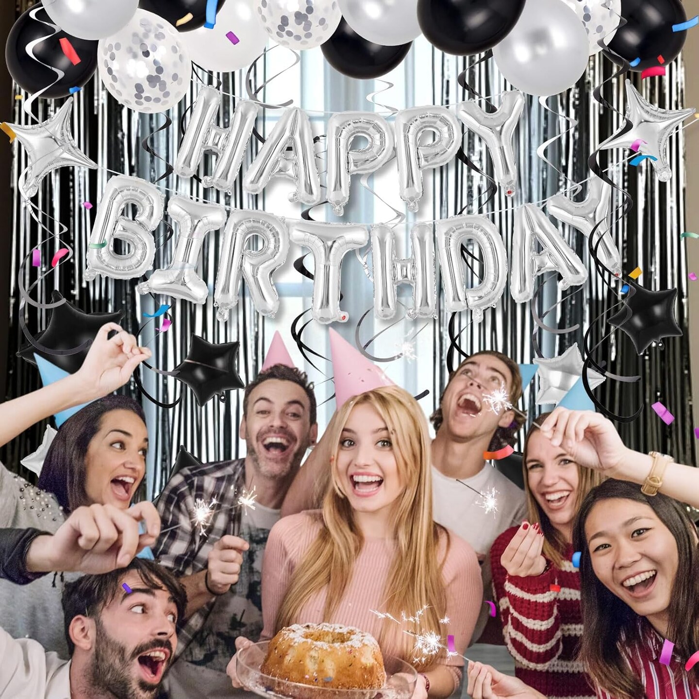 55-Piece Happy Birthday Balloon Set – Silver Foil Letters, Star Foil Balloons, Latex Balloons & Hanging Swirls for Birthday Party Decorations (Silver) 7 x 6 x 0.1 inches