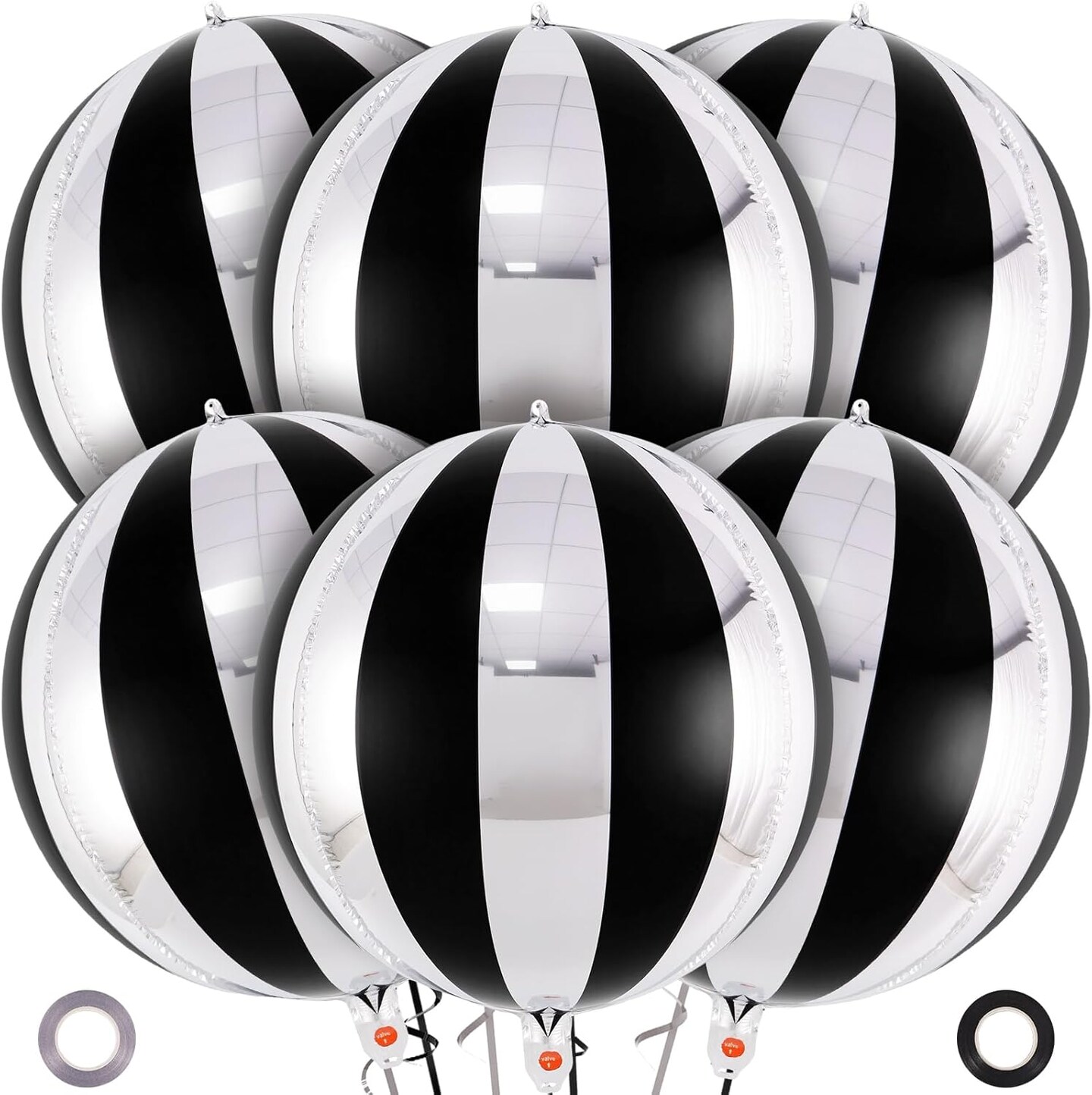 Black and Silver Striped Balloons, 22 Inch Metallic Round Foil Balloons-&#x9;Black and Silver