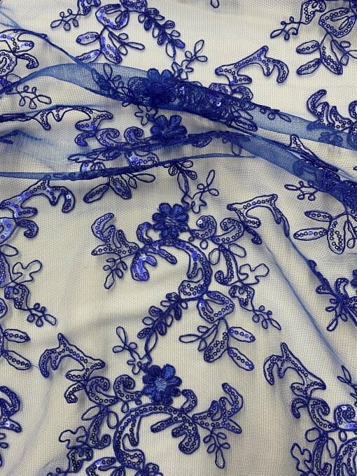 1 Yard Royal Blue Sequin Lace Fabric, Corded Mesh Embroidered with Double Scalloped Edge 54″ Wide