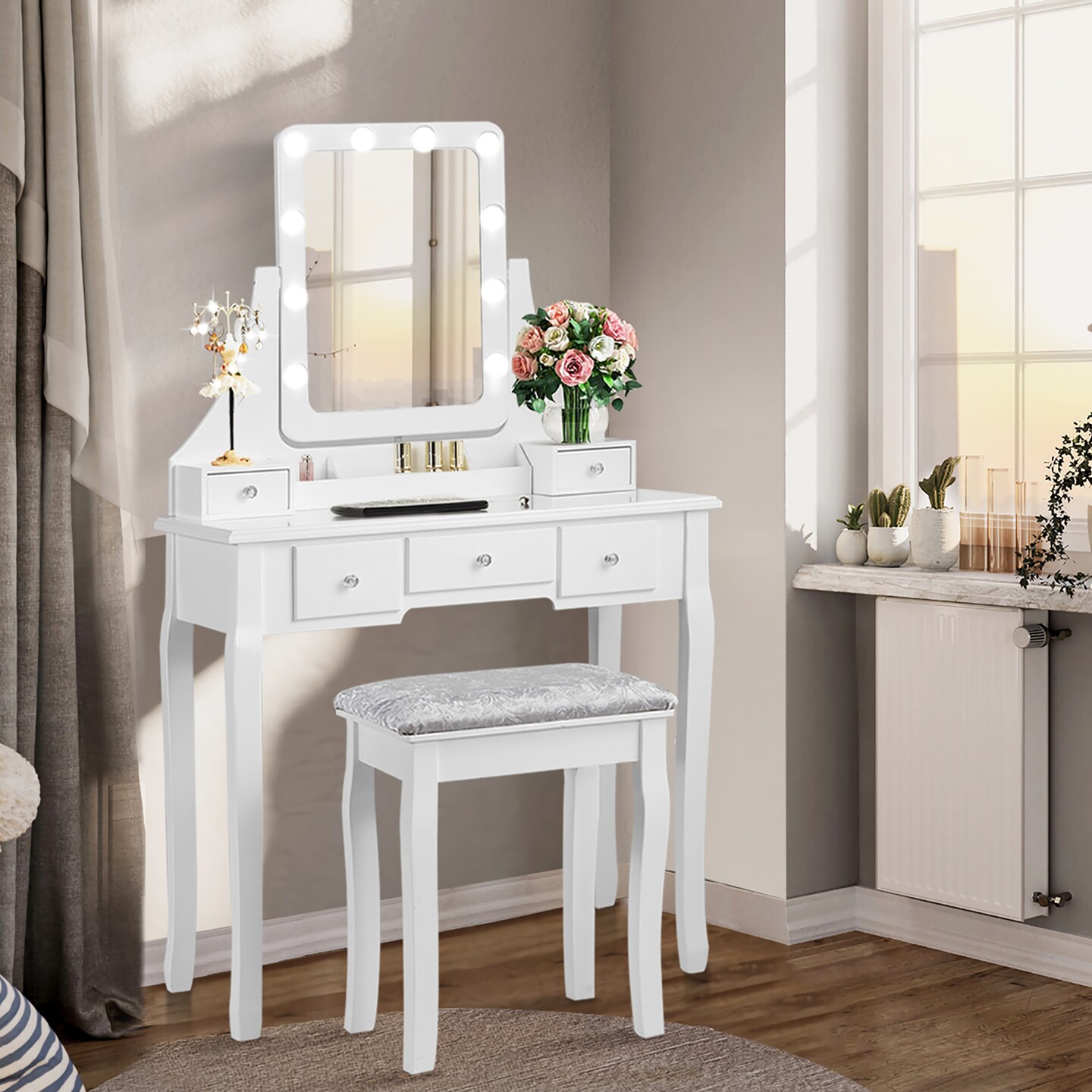 Costway Vanity Dressing Table Set w/ 10 Dimmable Bulbs Touch Switch Cushion Stool White\Black\Brown
