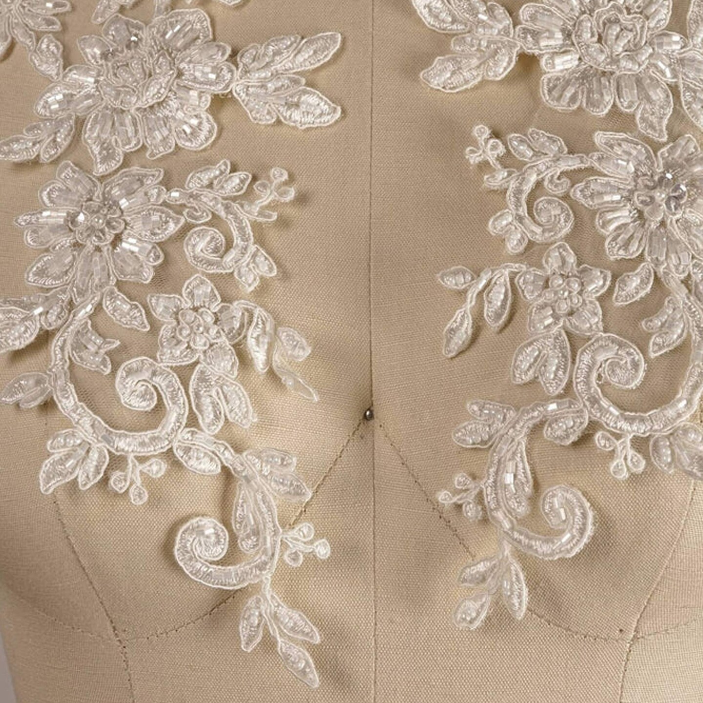 2 Pieces Ivory Beaded Floral Applique Patches for Wedding Gown Neckline or Dancewear