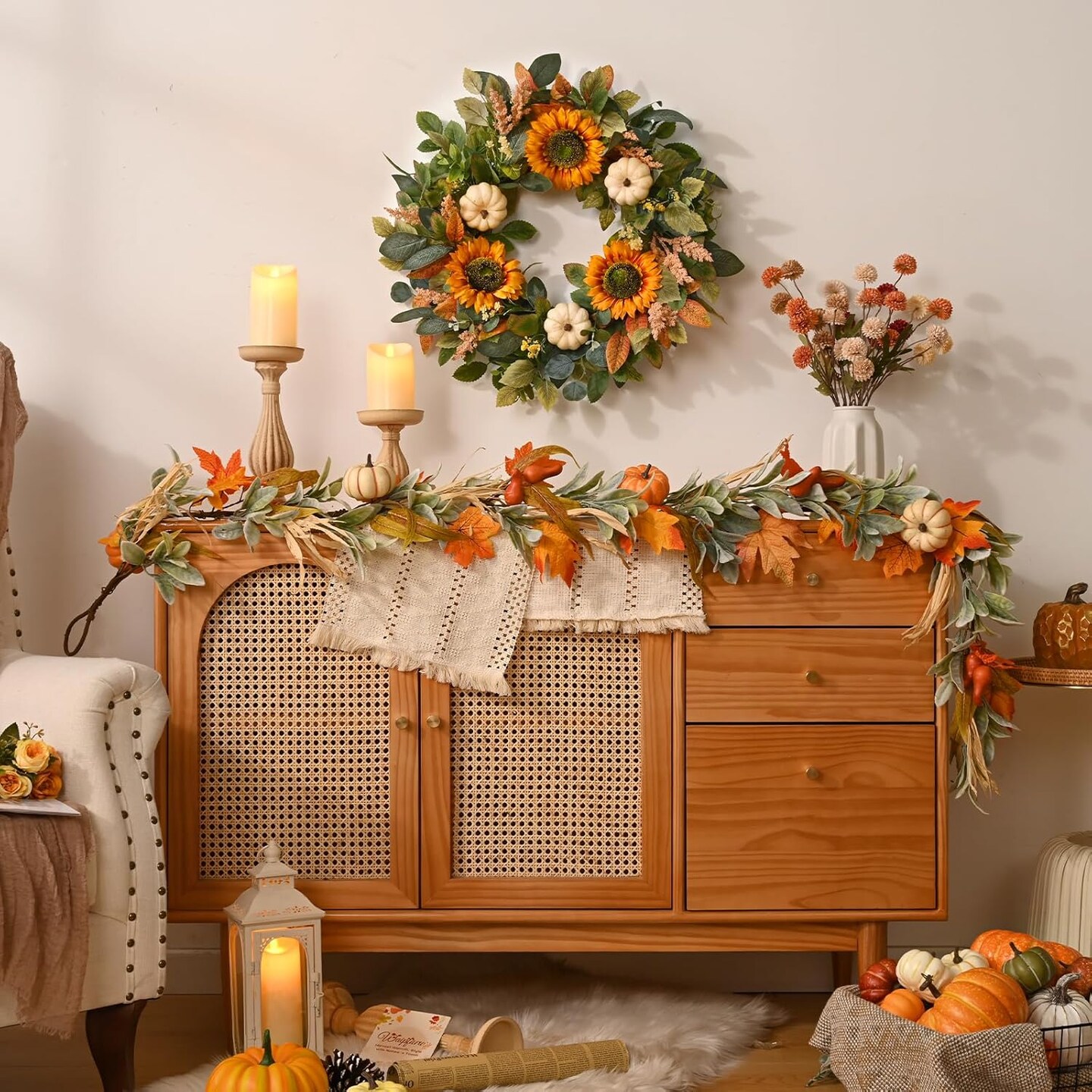 22in Sunflower Fall Door Wreath with Pumpkin