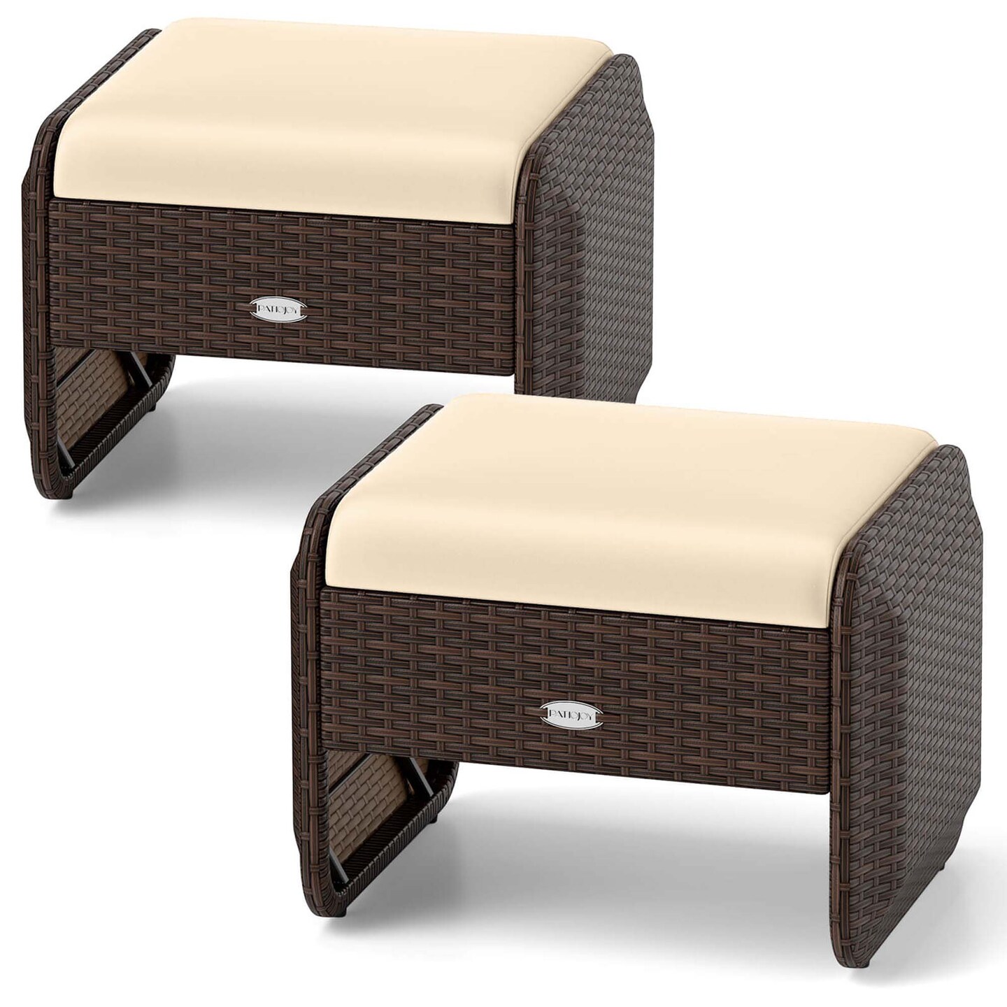 Costway 2 Pieces Outdoor Patio PE Wicker Ottomans with Removable Cushions Footstools Beige/Navy