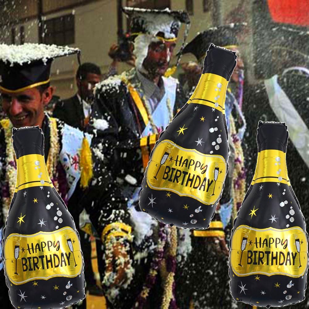 Champagne Bottle Foil Balloons – Black & Gold, 3-Piece Set for Birthday, Wedding, and Anniversary Party Decorations
