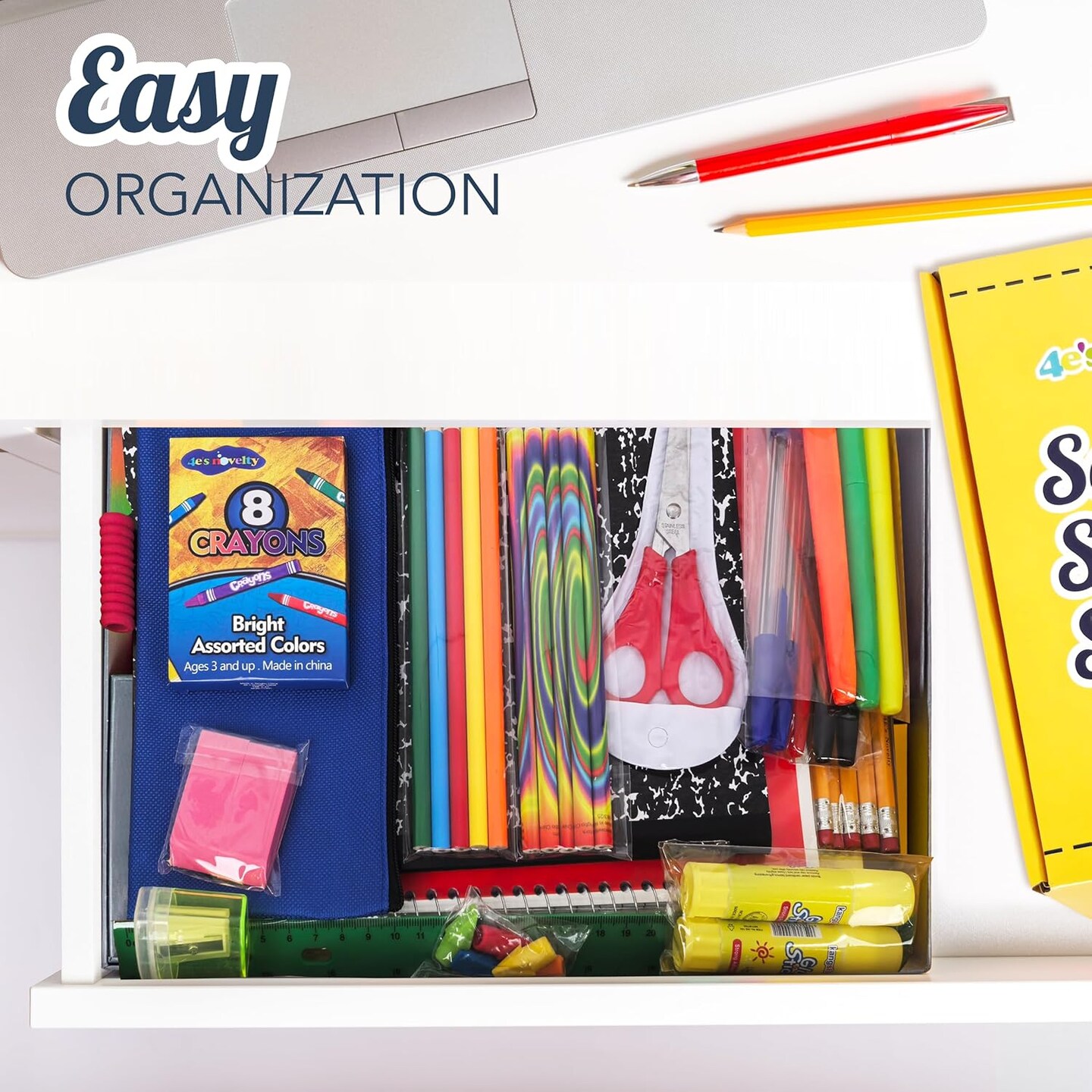 4E's Novelty 44 Pieces Schools Supplies Kit, Back To School Supply Box With Essential Student Kits, Pens, School Supply Bundle For Safe And Daily Use, Elementary Schools Supplies Kit For Classroom