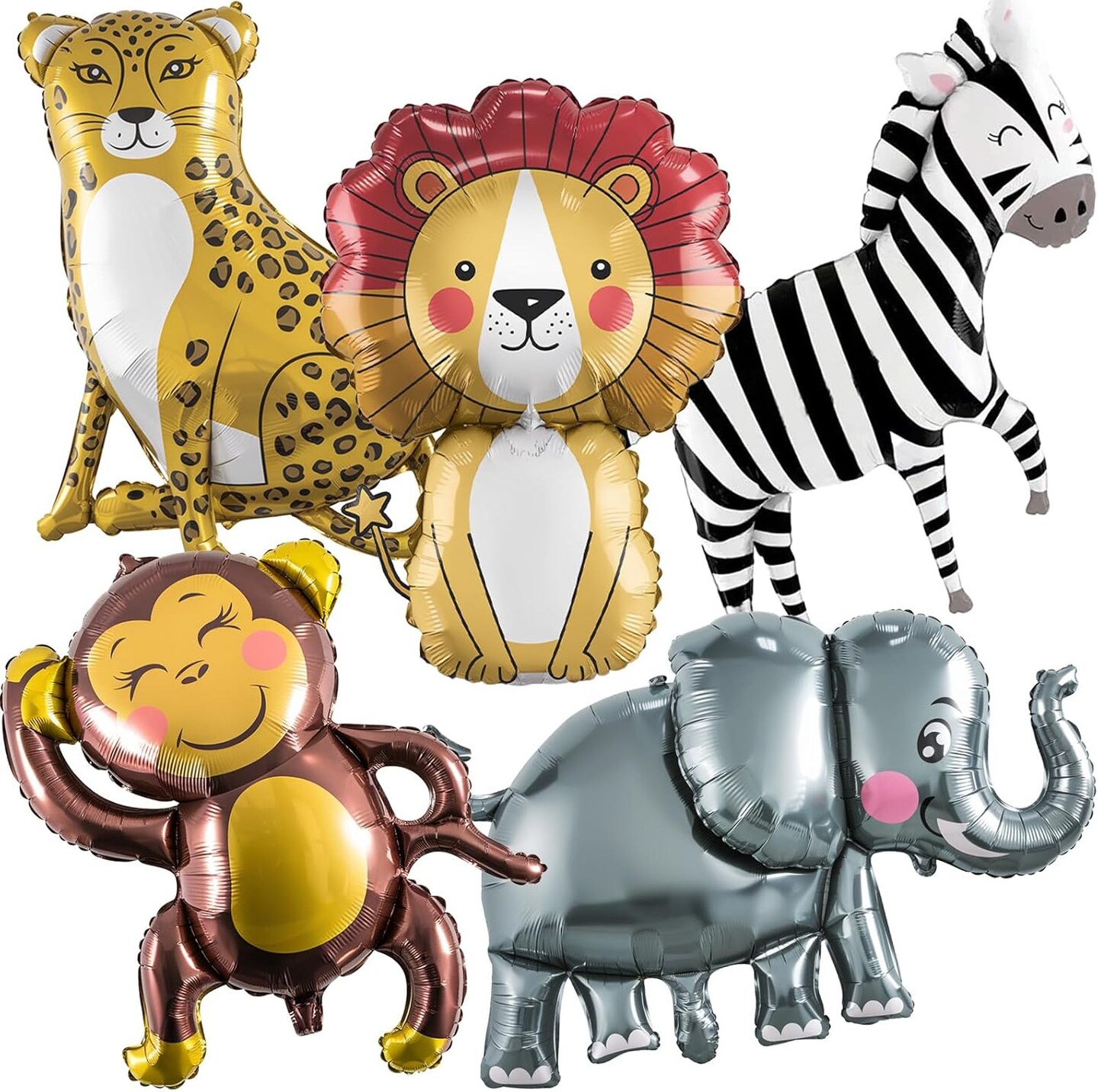 Jungle Safari Animal Foil Balloons – Lions, Zebra, Elephant, Monkey, Leopard for Kids Birthday, Baby Shower, and Safari Party Decorations (Colorful Smiling Animal)