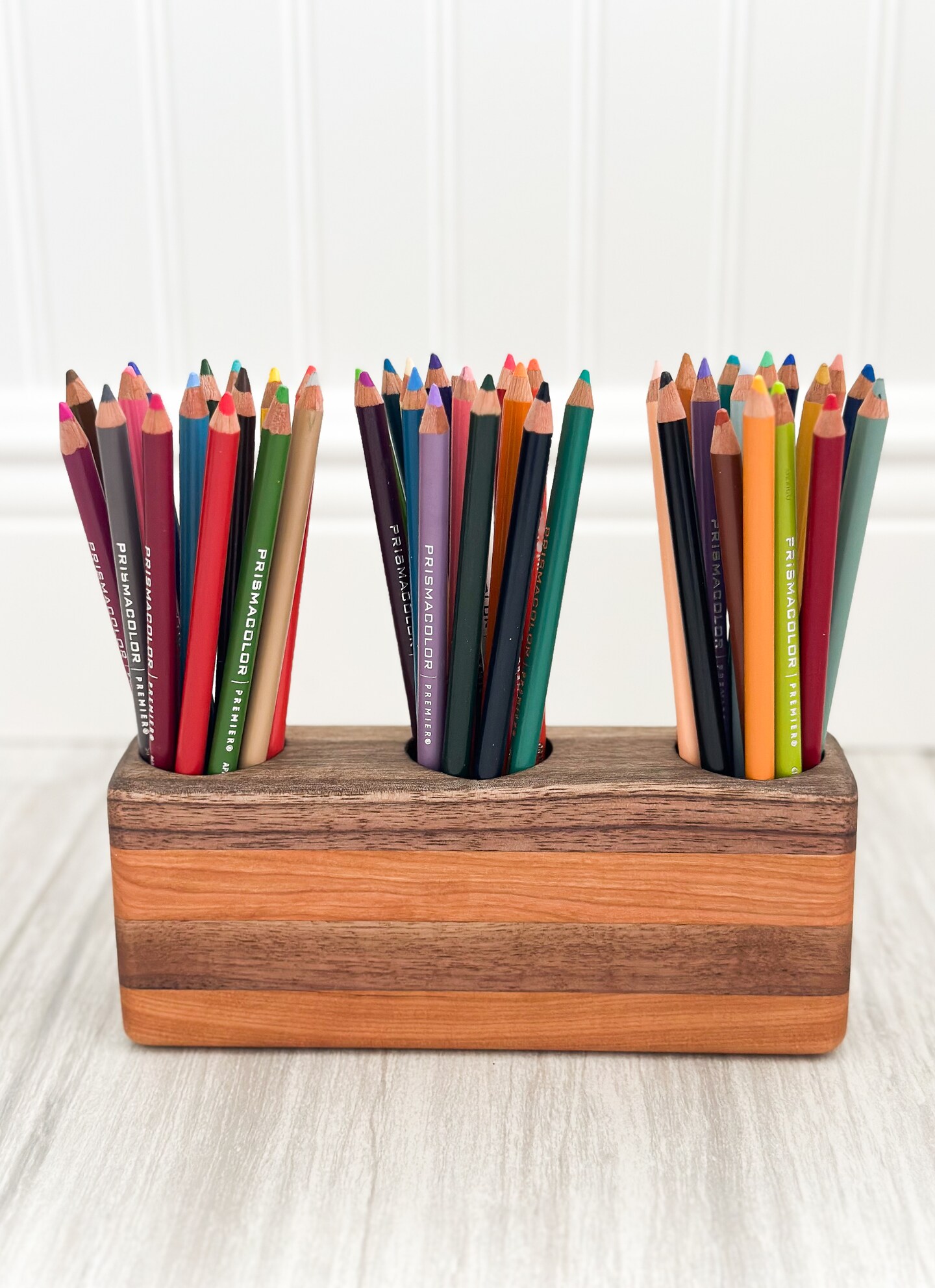 Handmade Wooden Pencil Holder, Triple Cup Desk Organizer, Art