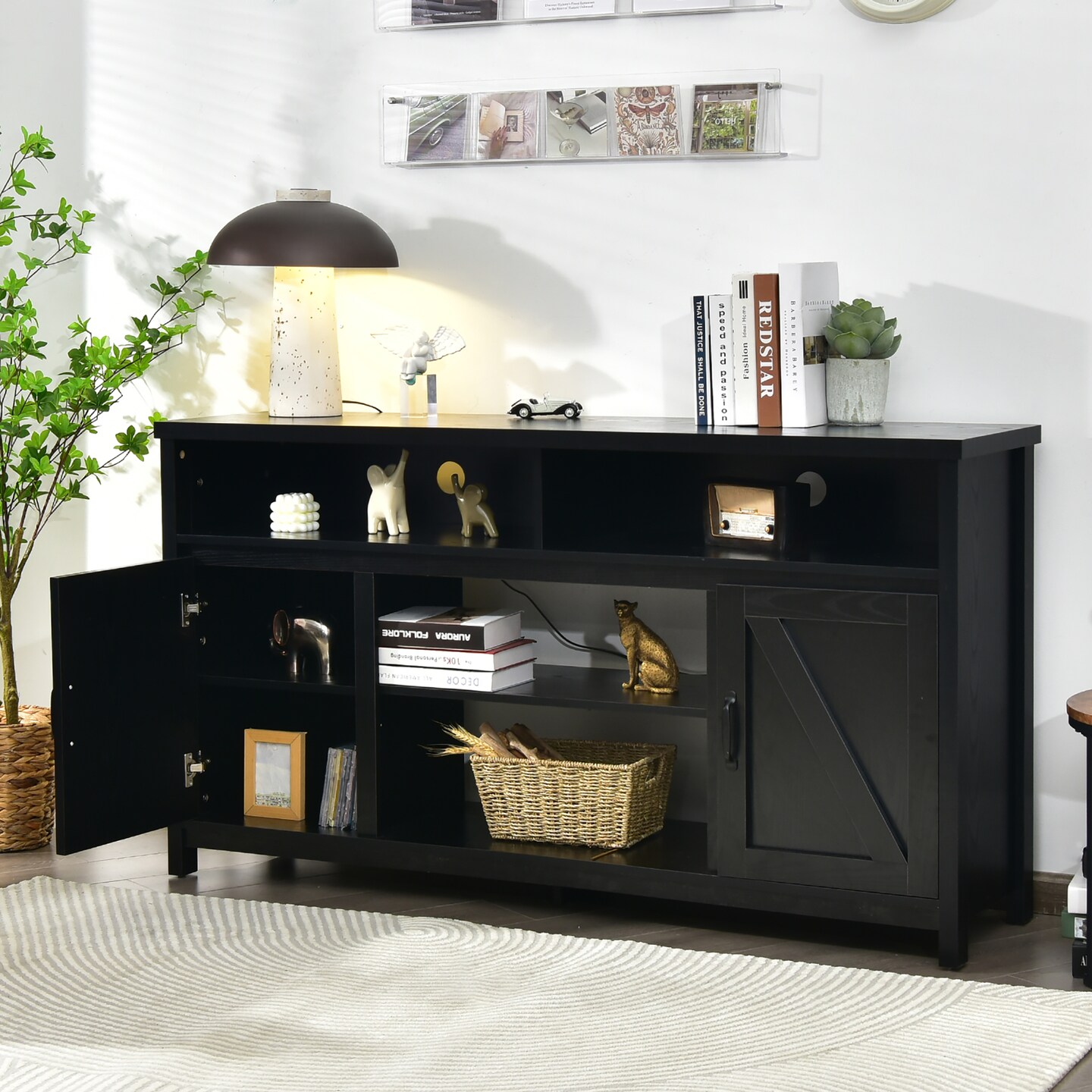 Costway 59&#x27;&#x27; TV Stand Media Center Console Cabinet w/ Barn Door for TV&#x27;s 65&#x27;&#x27; Natural\Black\Coffee