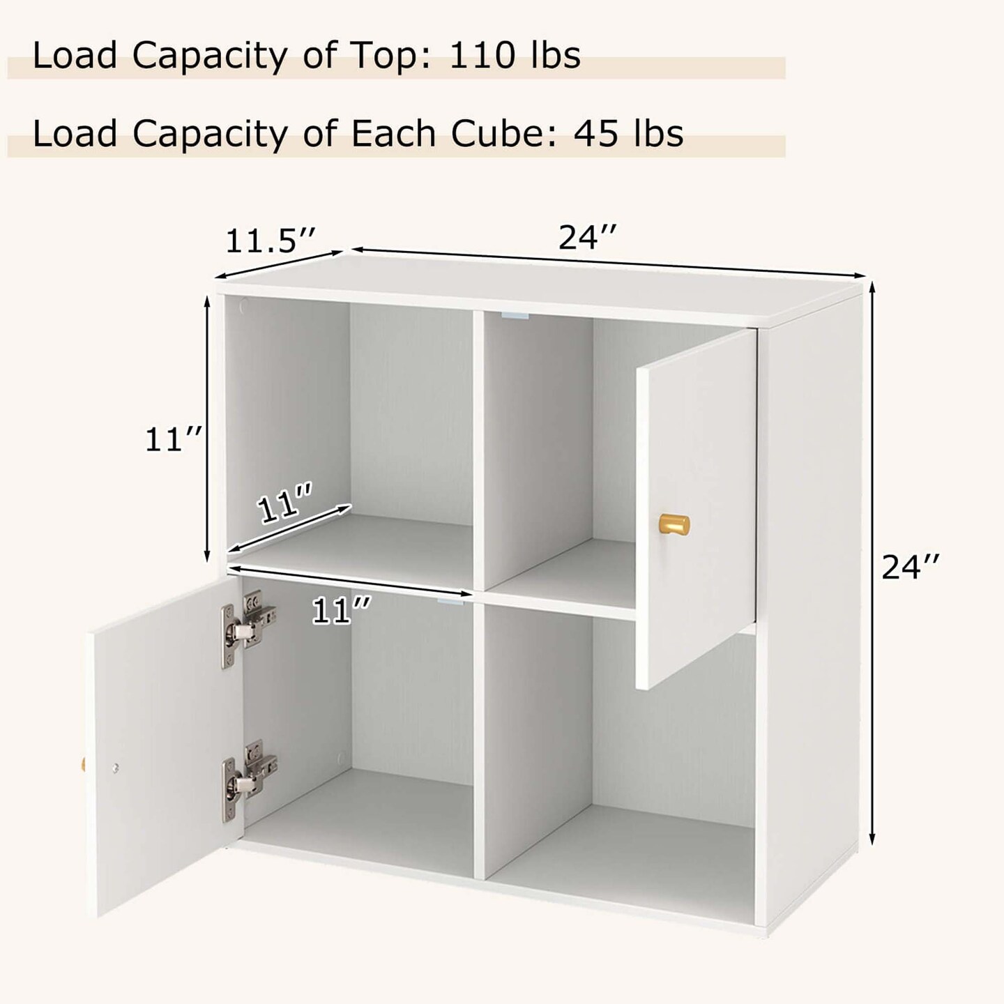Costway 4-Cube Bookcase with Dual Anti-Tipping Kits &#x26; 2 Cabinets Storage Organizer White/Natural