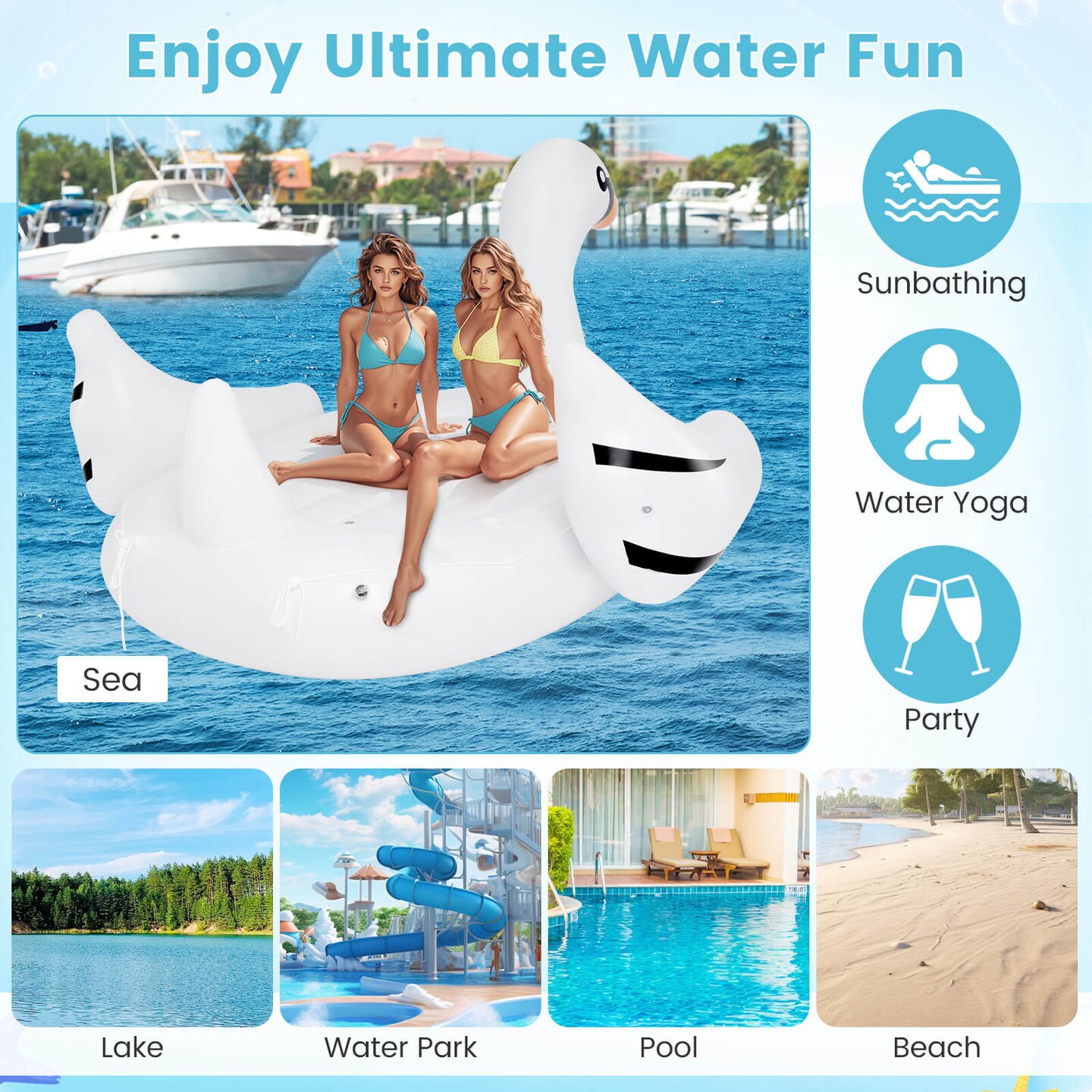 Costway Inflatable Swan Island Giant 4-Person Swan Pool Float with Cups Holders White