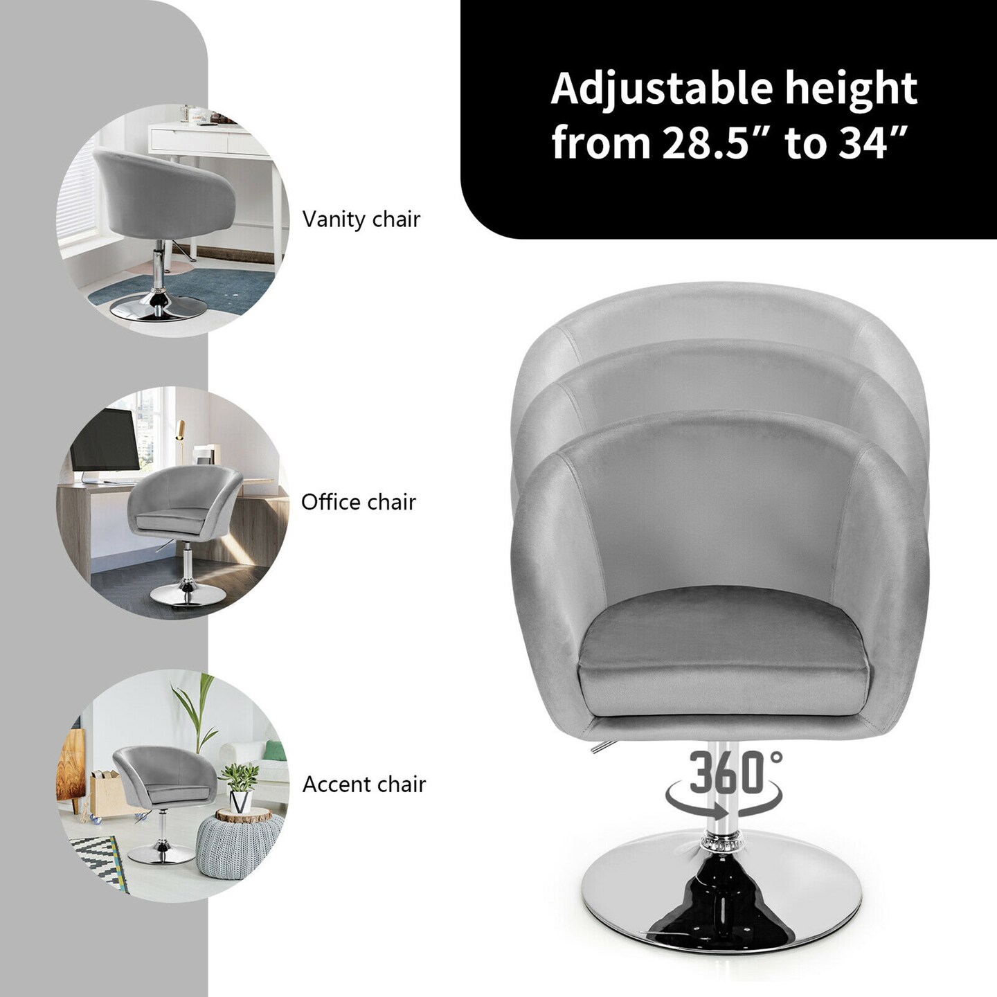 Costway Modern Velvet Chair Height Adjustable Bar Stool Swivel Makeup Seat