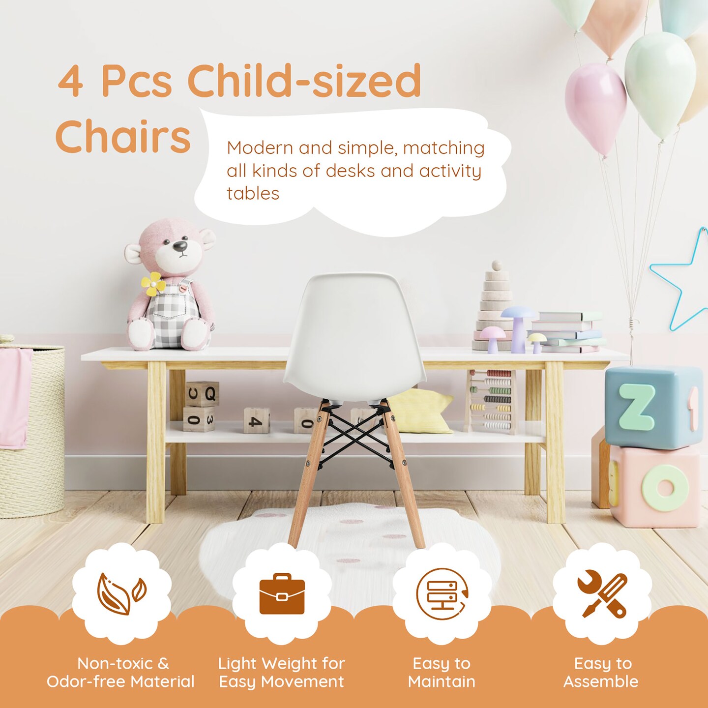 Costway 4 PCS Kids Chair Set Mid-Century Modern Style Dining Chairs w/ Wood Legs