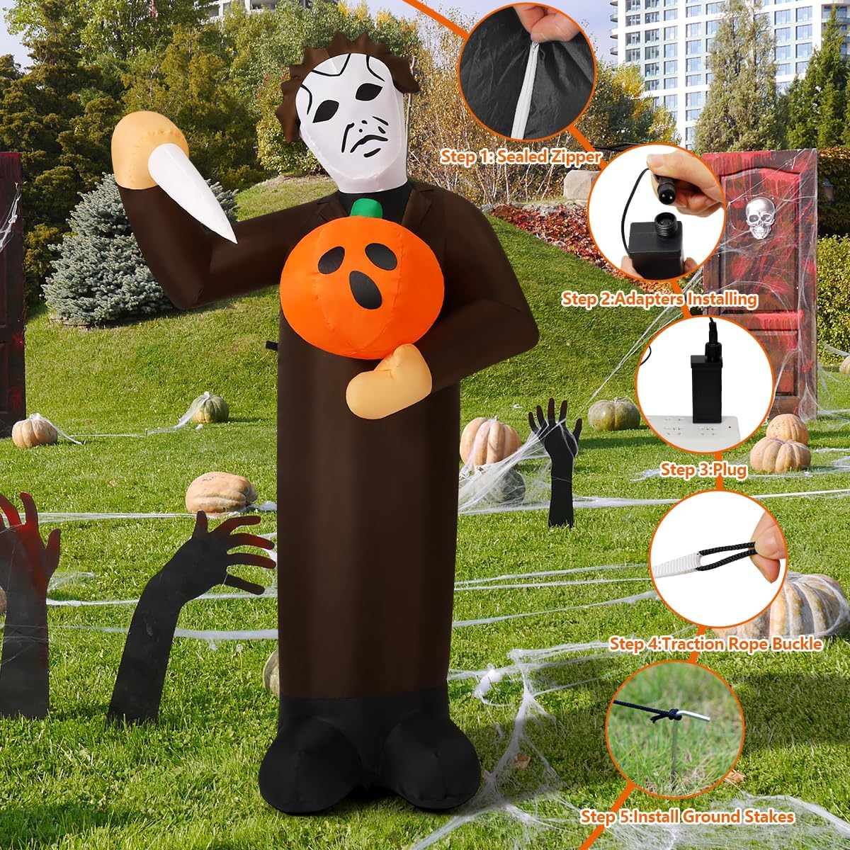 GOOSH Halloween Inflatable 6FT Scary Pumpkin Killer with Built-in LEDs