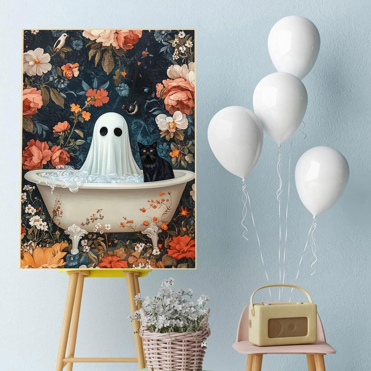 Ghost DIY Diamond Painting Kits for Adults,Black Cat Round Full Drill - 12X16in