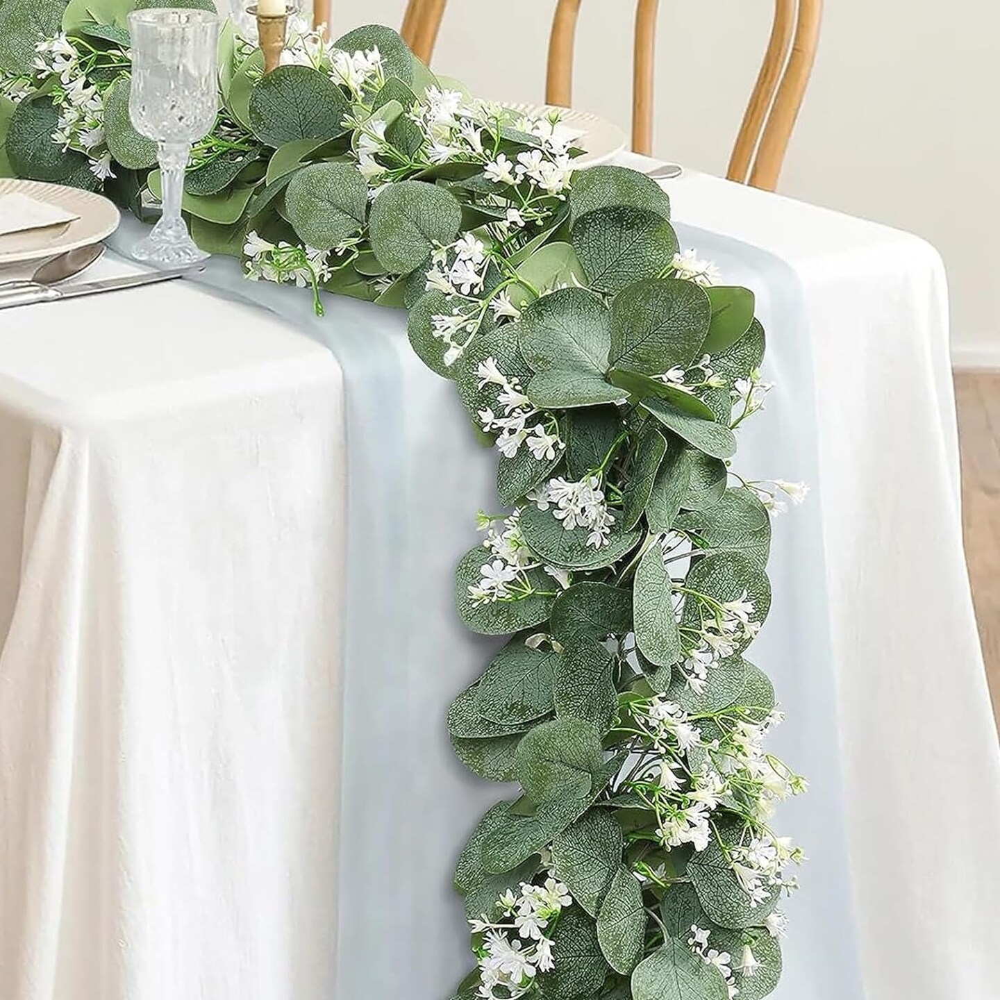 Eucalyptus Garland with White Flowers, 2 Packs 5.9Ft (Green and White)