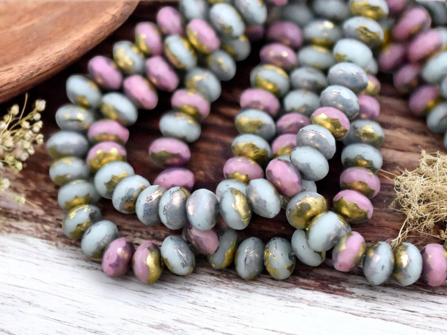 *30* 3x5mm Gold Washed Mixed Pink &#x26; Blue Fire Polished Rondelle Beads