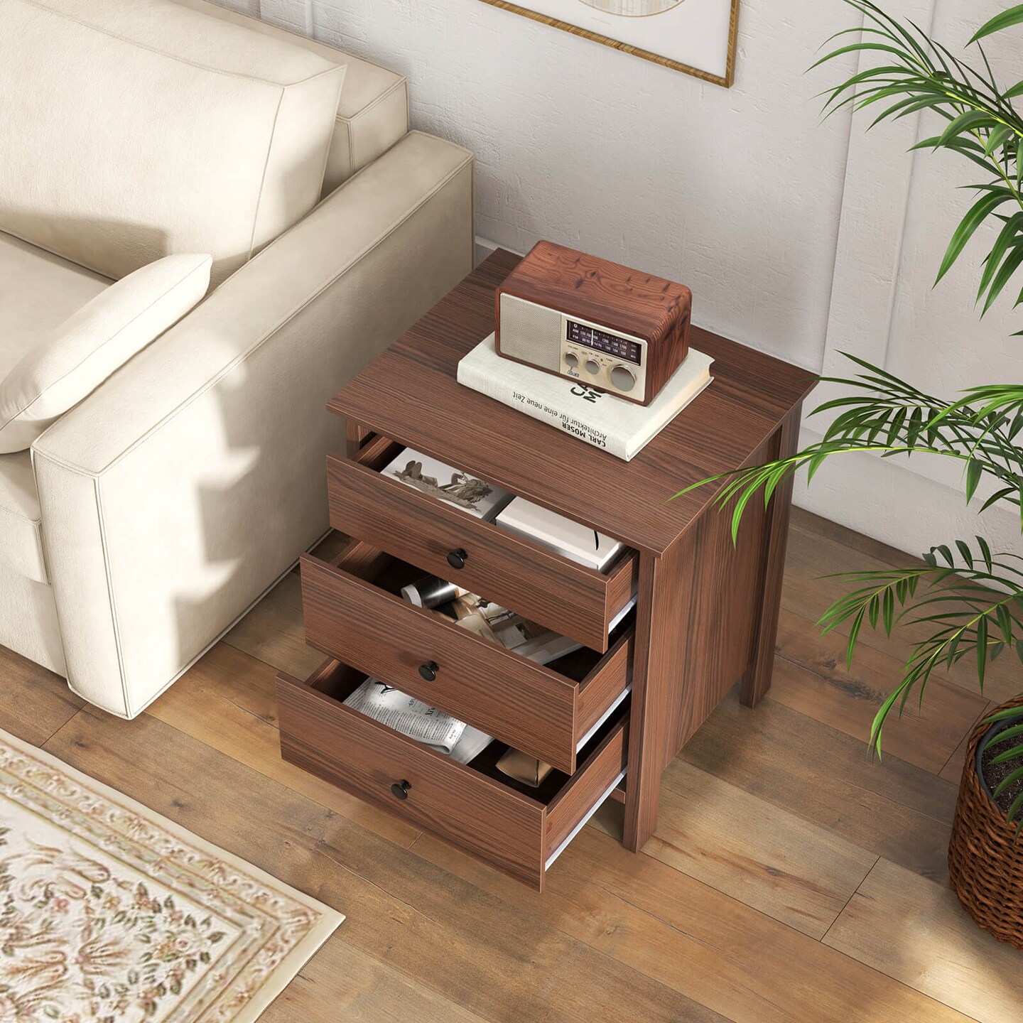 Costway Nightstand with 3 Drawer for Bedroom Compact Storage Chest Modern Sofa Side