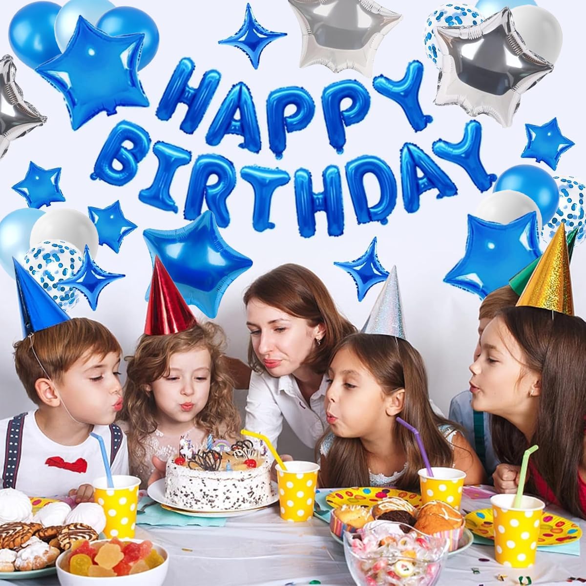 16 Inch Mylar Foil Letters, 12 Inch Blue and White Balloons with Star Balloons