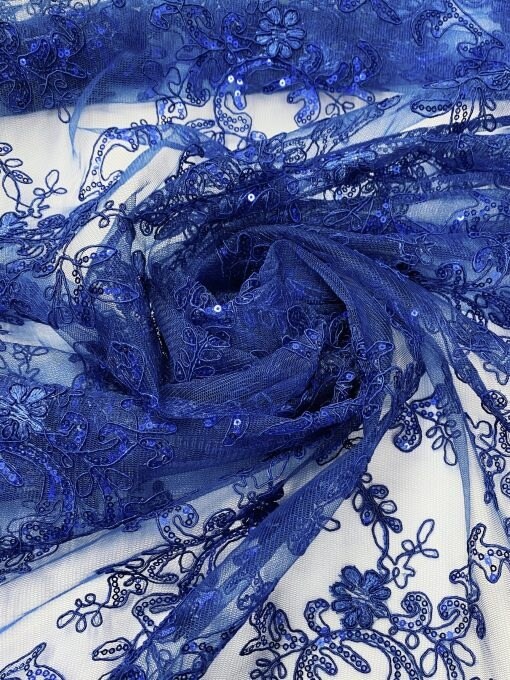 1 Yard Royal Blue Sequin Lace Fabric, Corded Mesh Embroidered with Double Scalloped Edge 54&#x2033; Wide