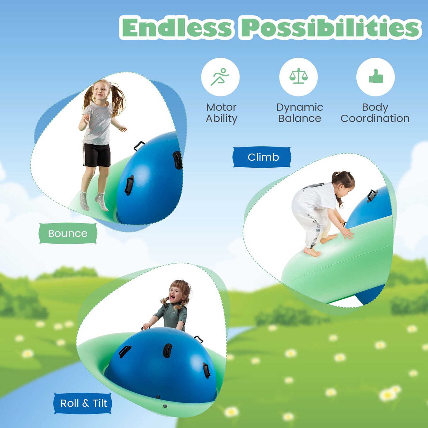 Costway 7.5 FT Inflatable Dome Rocker Bouncer with 6 Handles Fun Outdoor Game for Kids Green/Pink